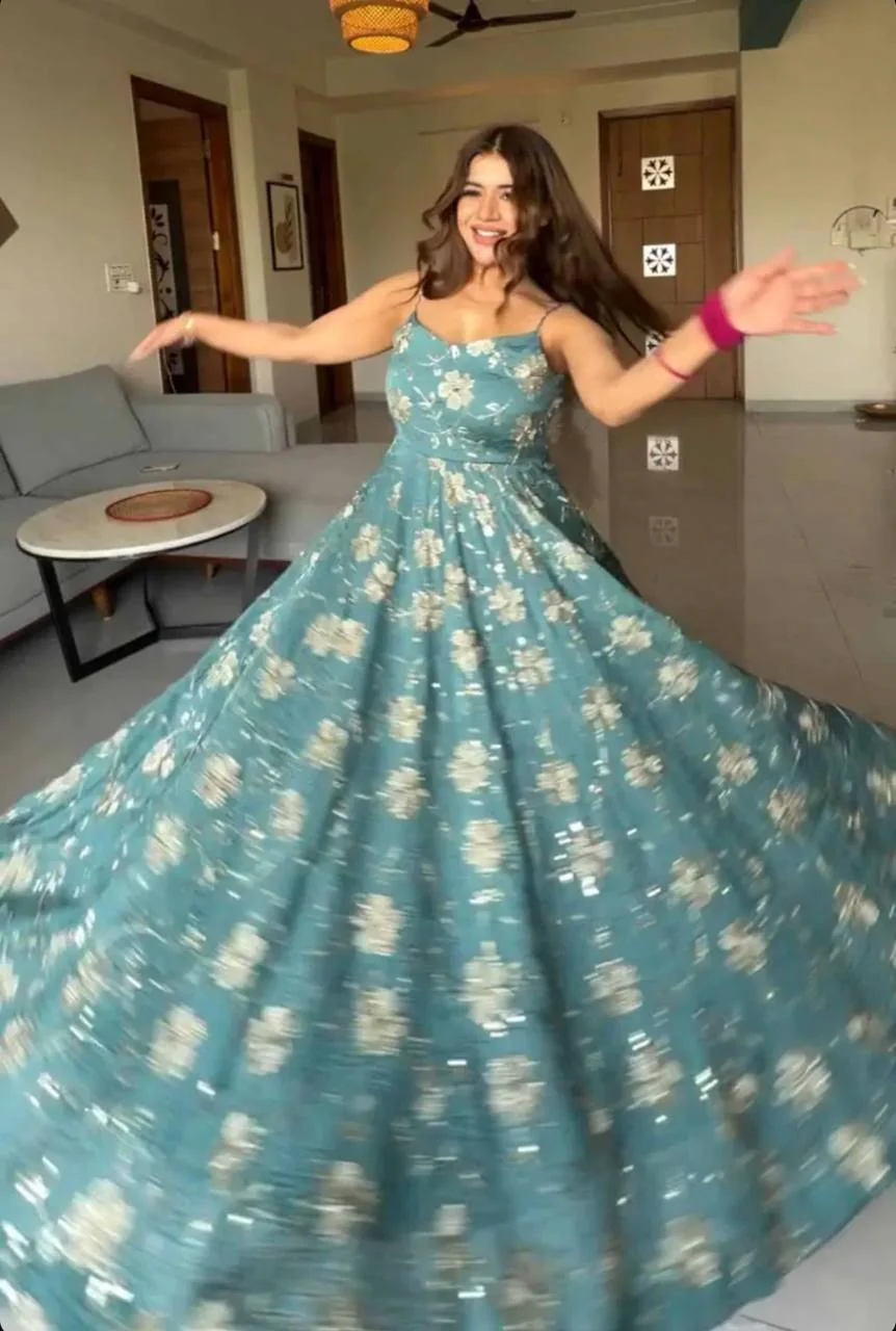 Teal embroidered fancy silk Anarkali suit. - Image 3