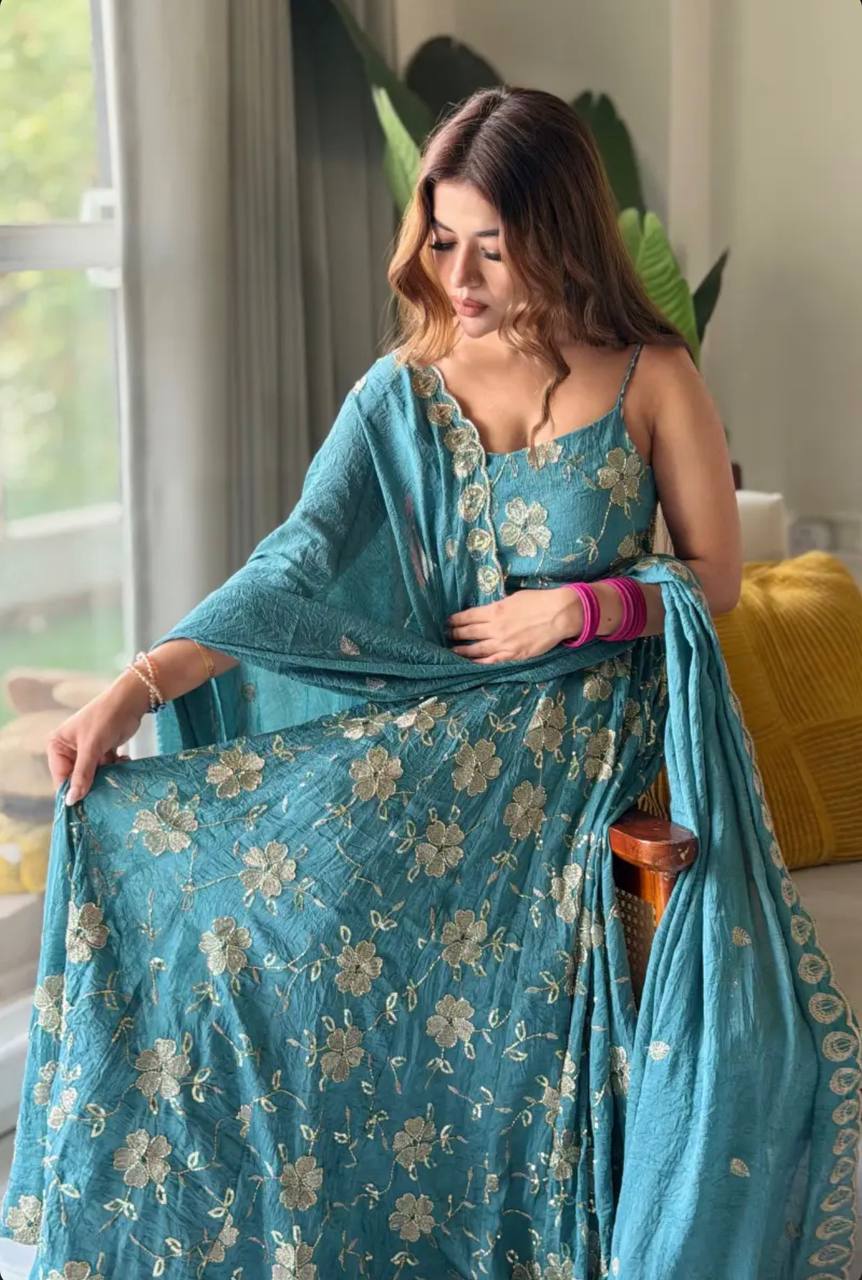 Teal embroidered fancy silk Anarkali suit. - Image 4