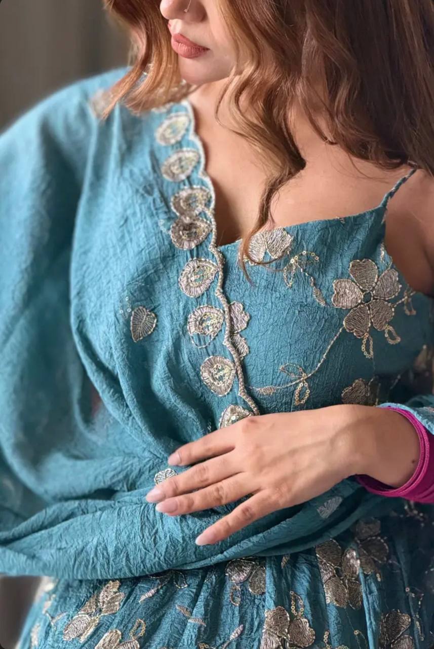 Teal embroidered fancy silk Anarkali suit. - Image 5